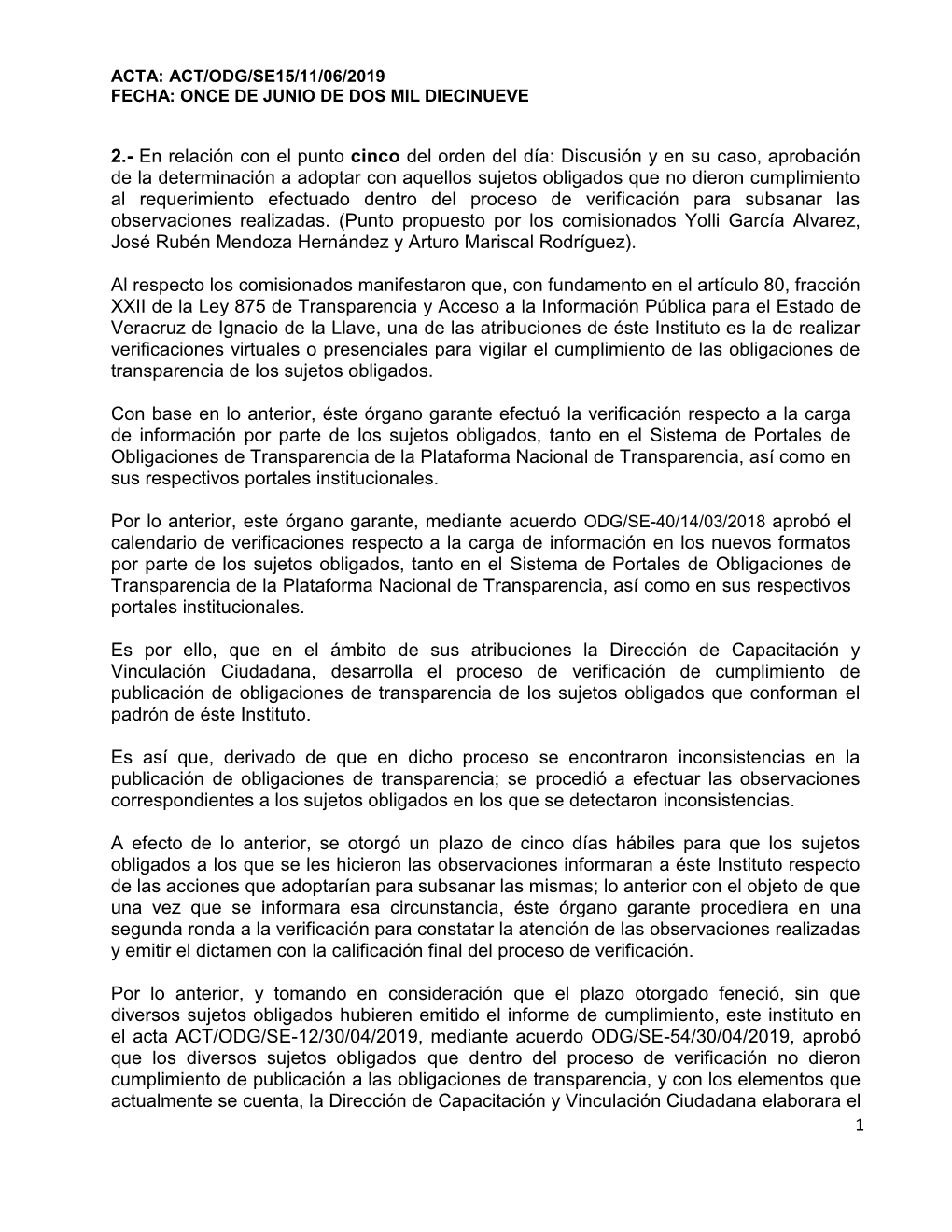 Acta: Act/Odg/Se15/11/06/2019 Fecha: Once De Junio De Dos Mil Diecinueve