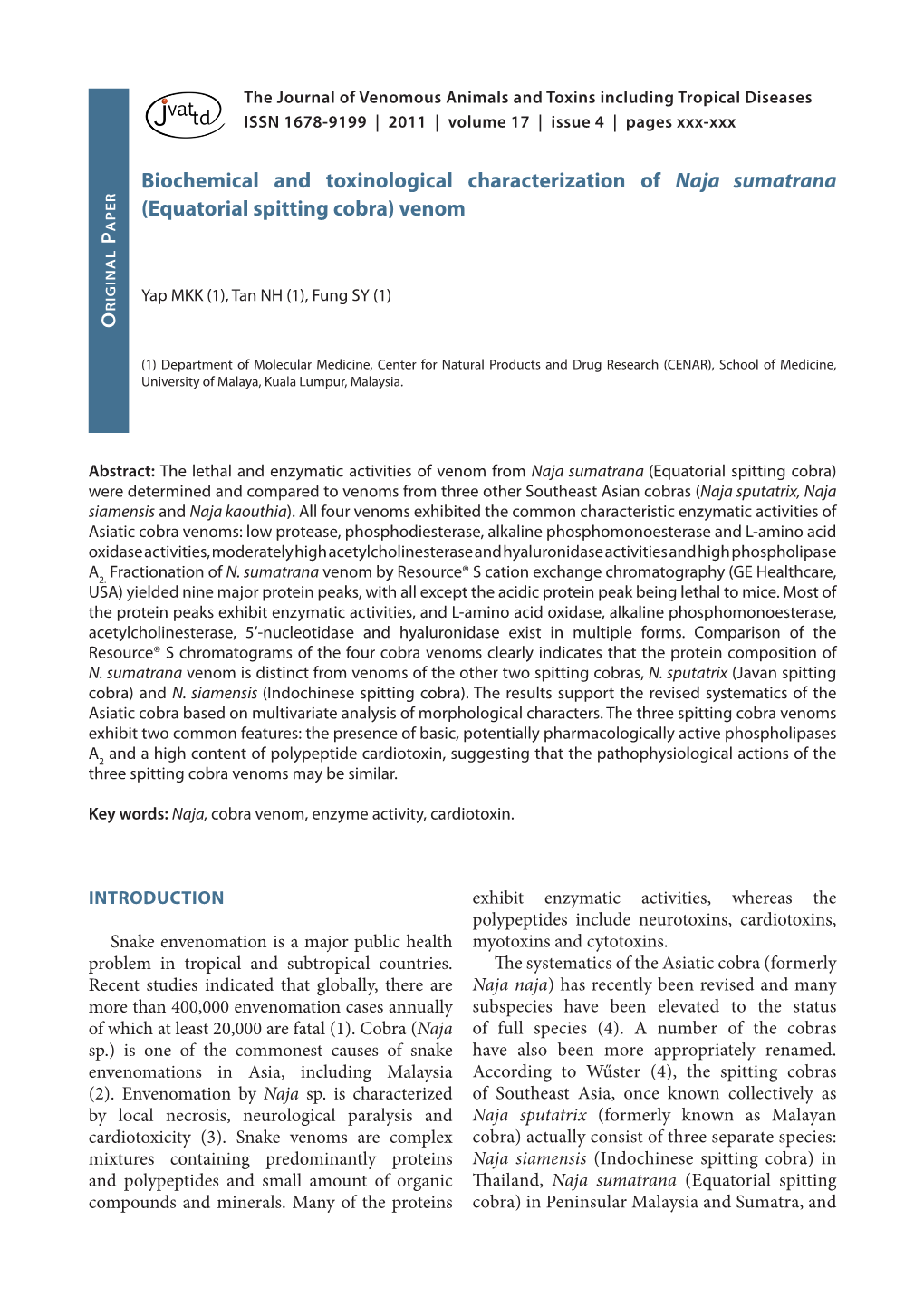 Biochemical and Toxinological Characterization of Naja Sumatrana Er