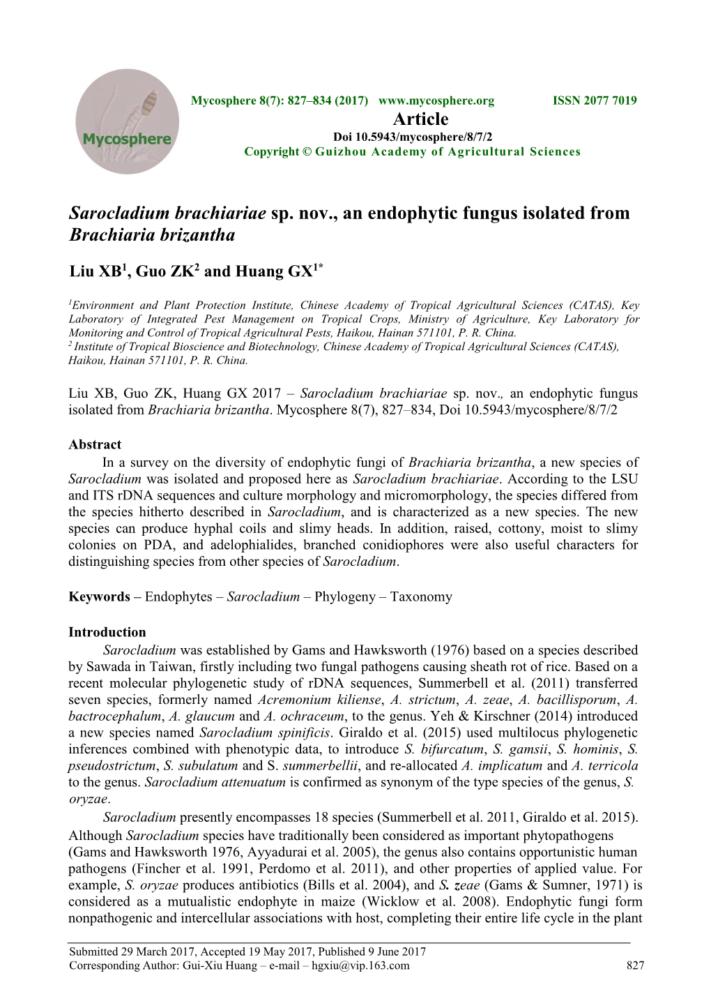 Sarocladium Brachiariae Sp. Nov., an Endophytic Fungus Isolated from Brachiaria Brizantha Article