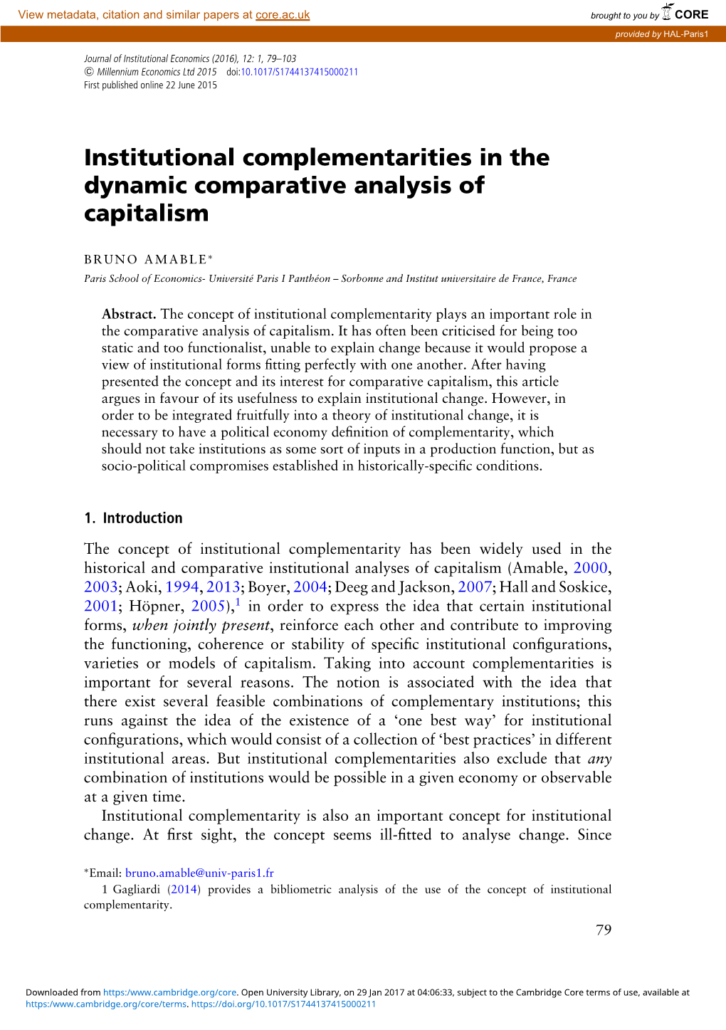 Institutional Complementarities in the Dynamic Comparative Analysis of Capitalism