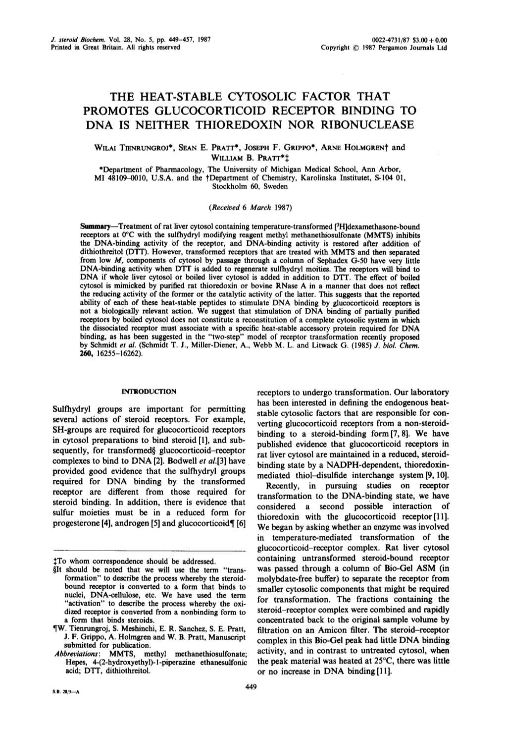 The Heat-Stable Cytosolic Factor That Promotes Glucocorticoid Receptor Binding to Dna Is Neither Thioredoxin Nor Ribonuclease