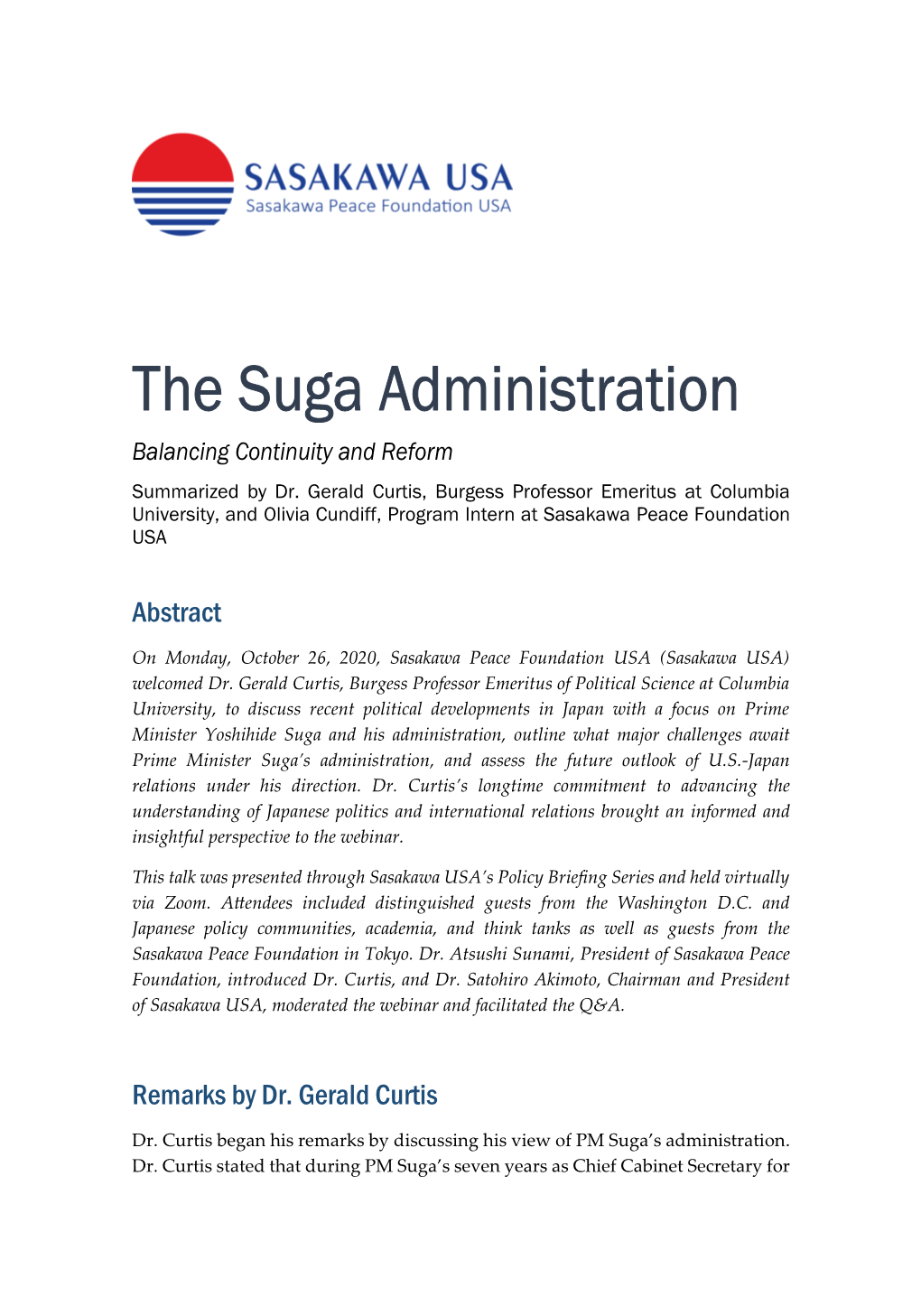 The Suga Administration Balancing Continuity and Reform Summarized by Dr