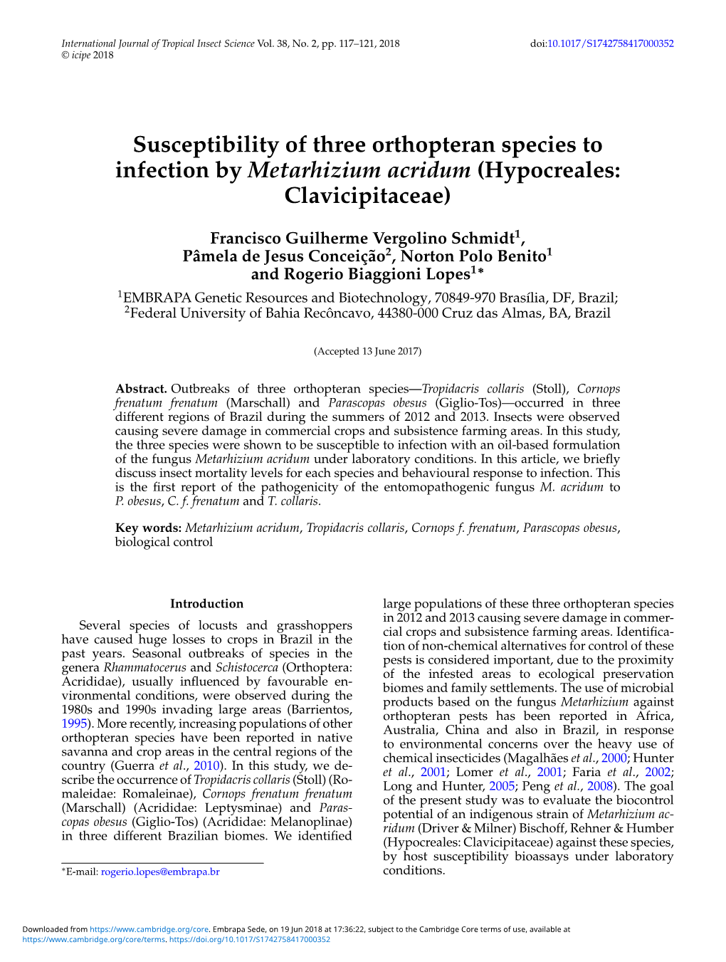 Susceptibility of Three Orthopteran Species to Infection by Metarhizium Acridum (Hypocreales: Clavicipitaceae)