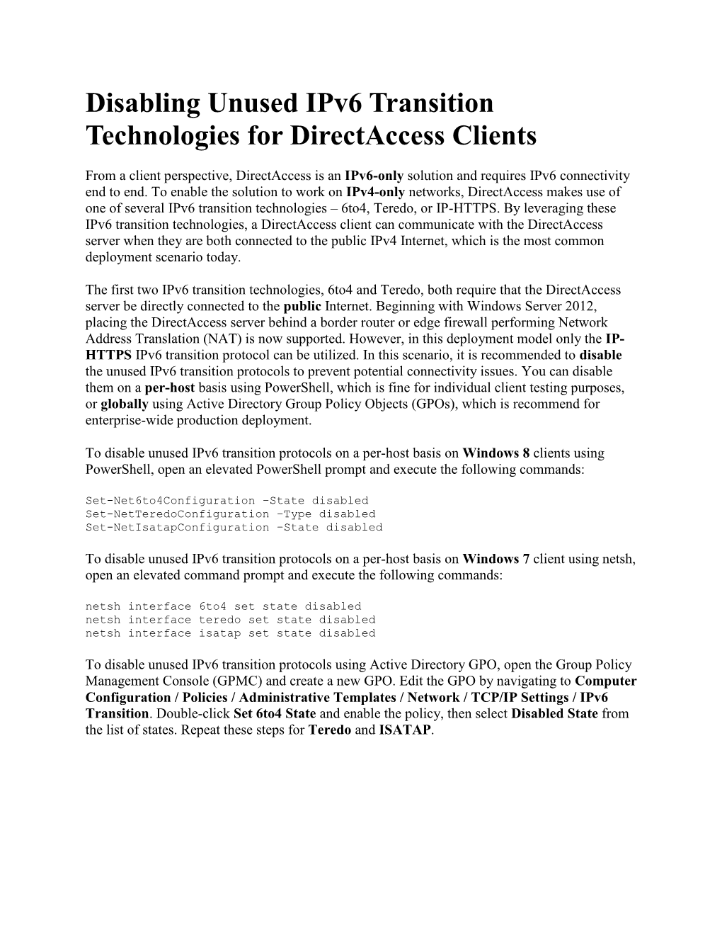 Disabling Unused Ipv6 Transition Technologies for Directaccess Clients