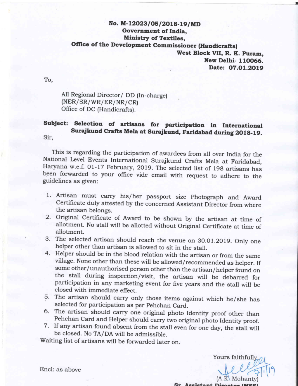 Subject: Selection of Artisans for Participation in International Surajkund Crafts Mela at Surajkund, Faridabad During 2018-19