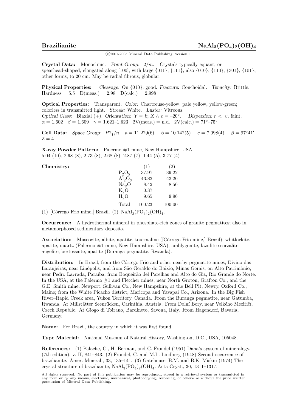 Brazilianite Naal3(PO4)2(OH)4 C 2001-2005 Mineral Data Publishing, Version 1