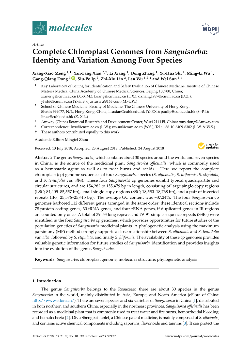 Complete Chloroplast Genomes from Sanguisorba: Identity and Variation Among Four Species