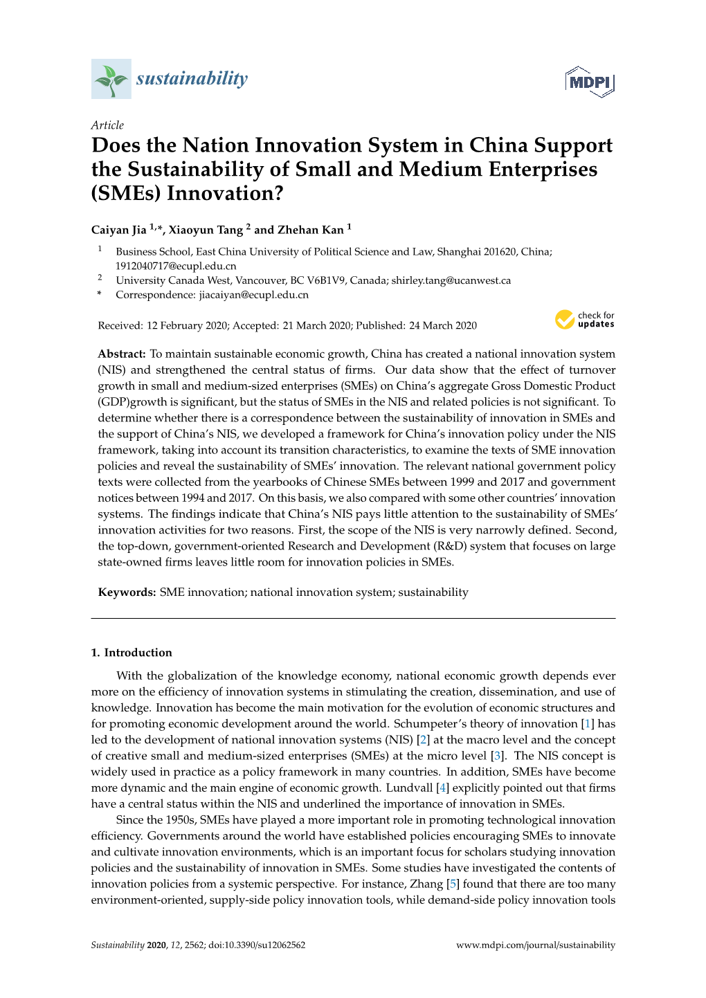 Does the Nation Innovation System in China Support the Sustainability of Small and Medium Enterprises (Smes) Innovation?