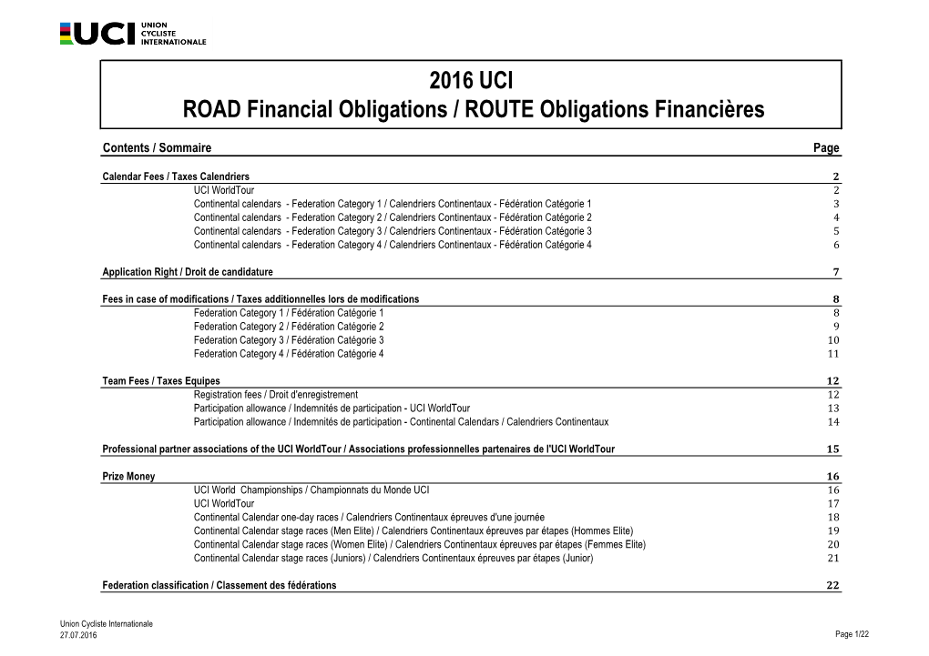 2016 UCI ROAD Financial Obligations / ROUTE Obligations Financières