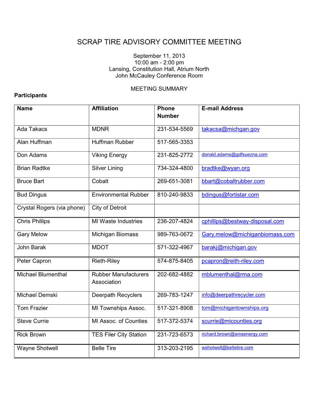 Scrap Tire Advisory Committee Meeting