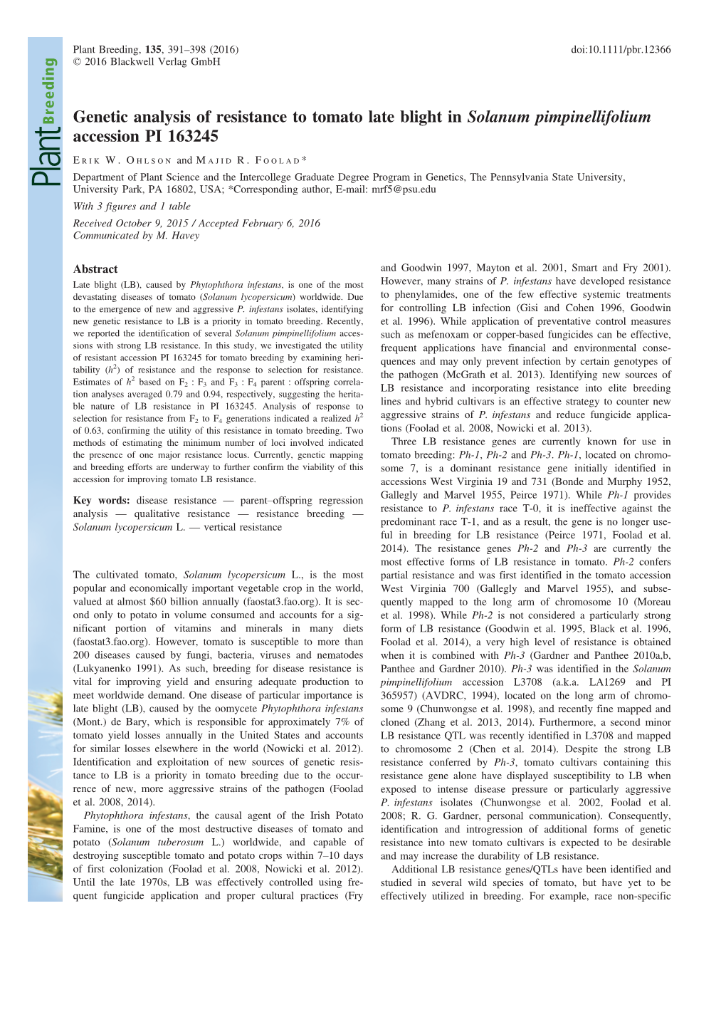 Genetic Analysis of Resistance to Tomato Late Blight in Solanum Pimpinellifolium Accession PI 163245