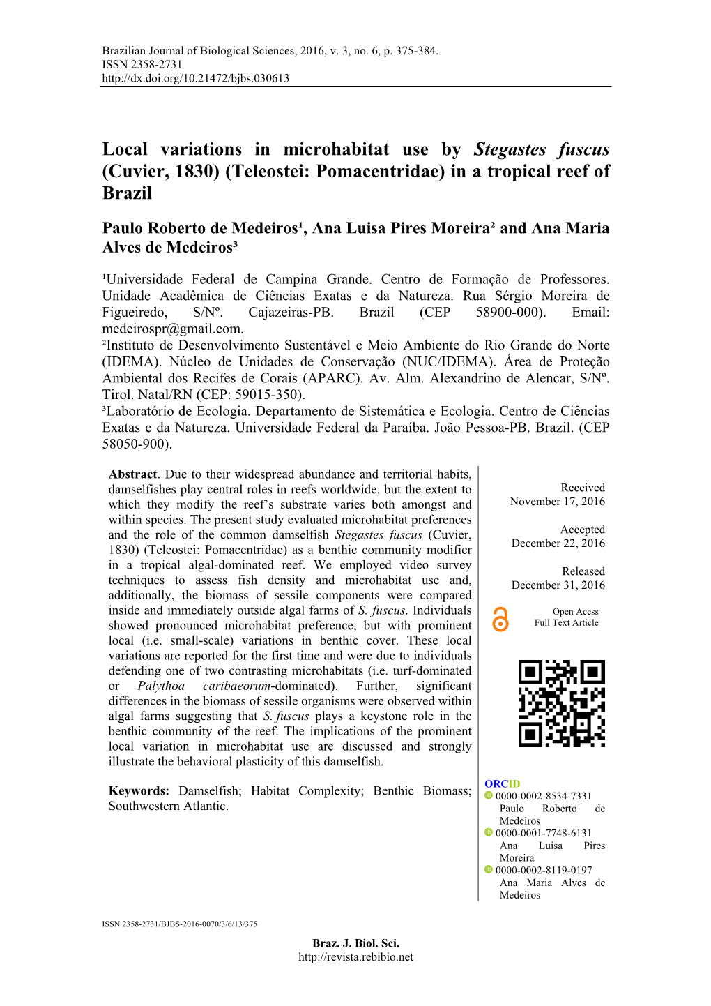 Local Variations in Microhabitat Use by Stegastes Fuscus (Cuvier, 1830