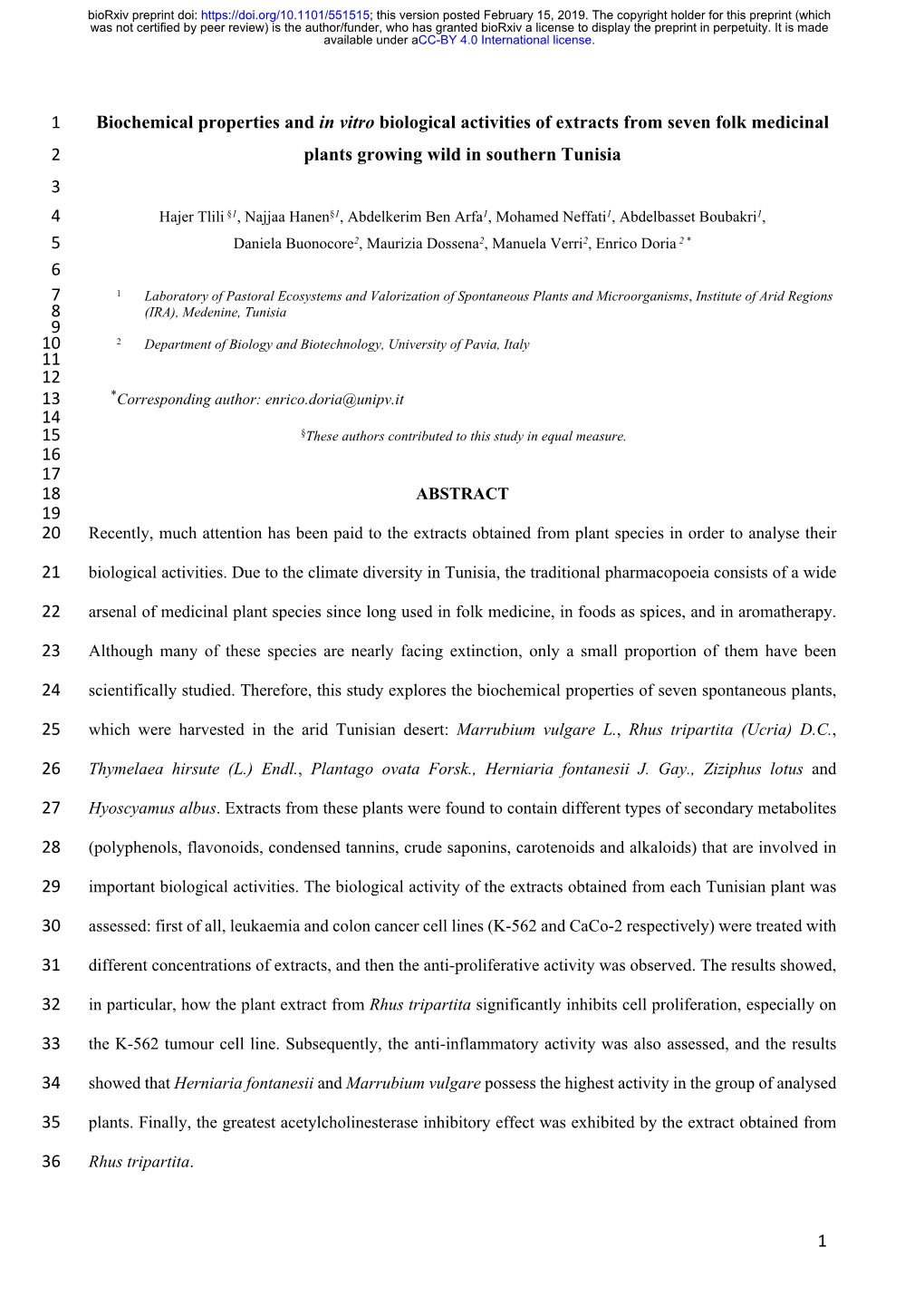 Biochemical Properties and in Vitro Biological Activities of Extracts From