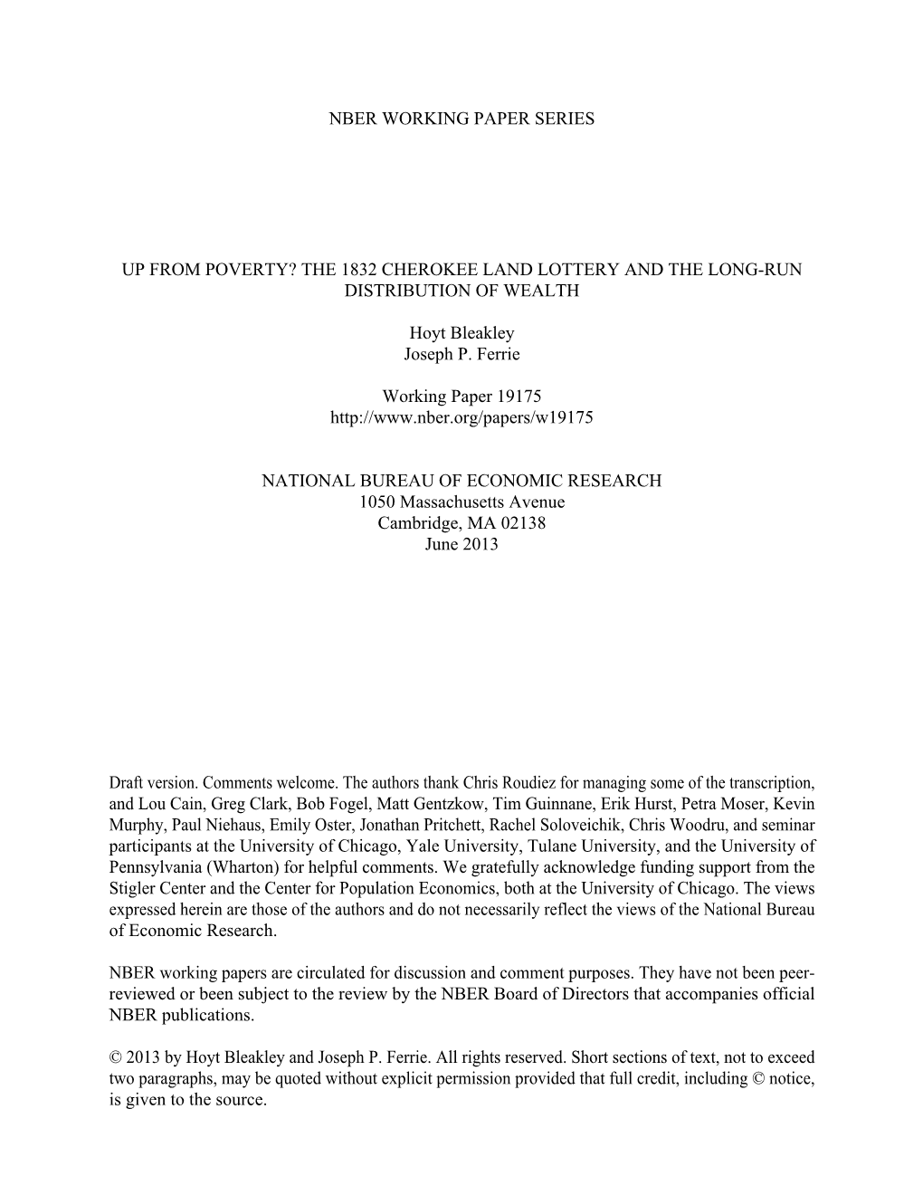 Up from Poverty? the 1832 Cherokee Land Lottery and the Long-Run Distribution of Wealth