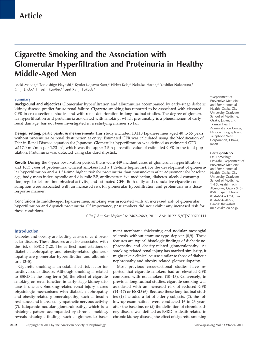 Cigarette Smoking and the Association with Glomerular Hyperfiltration and Proteinuria in Healthy Middle-Aged Men