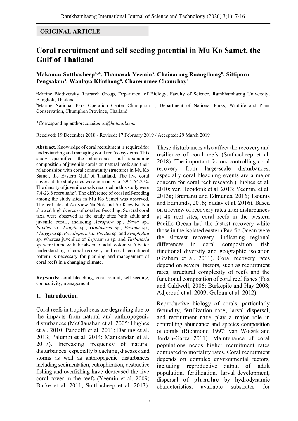 Coral Recruitment and Self-Seeding Potential in Mu Ko Samet, the Gulf of Thailand