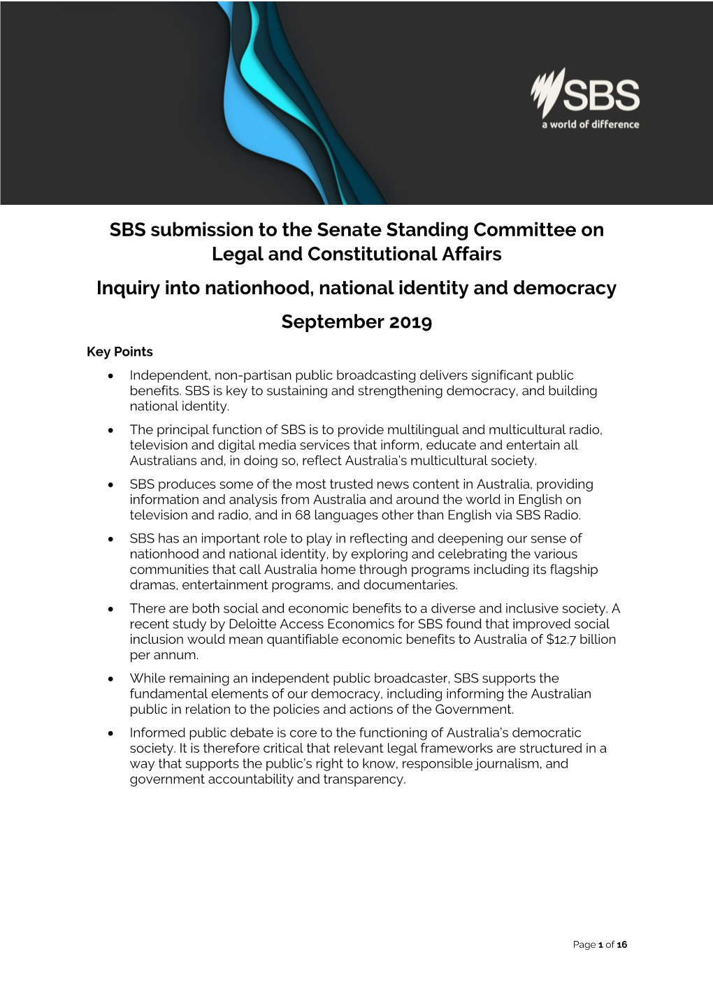 SBS Submission to the Senate Standing Committee on Legal and Constitutional Affairs Inquiry Into Nationhood, National Identity and Democracy September 2019
