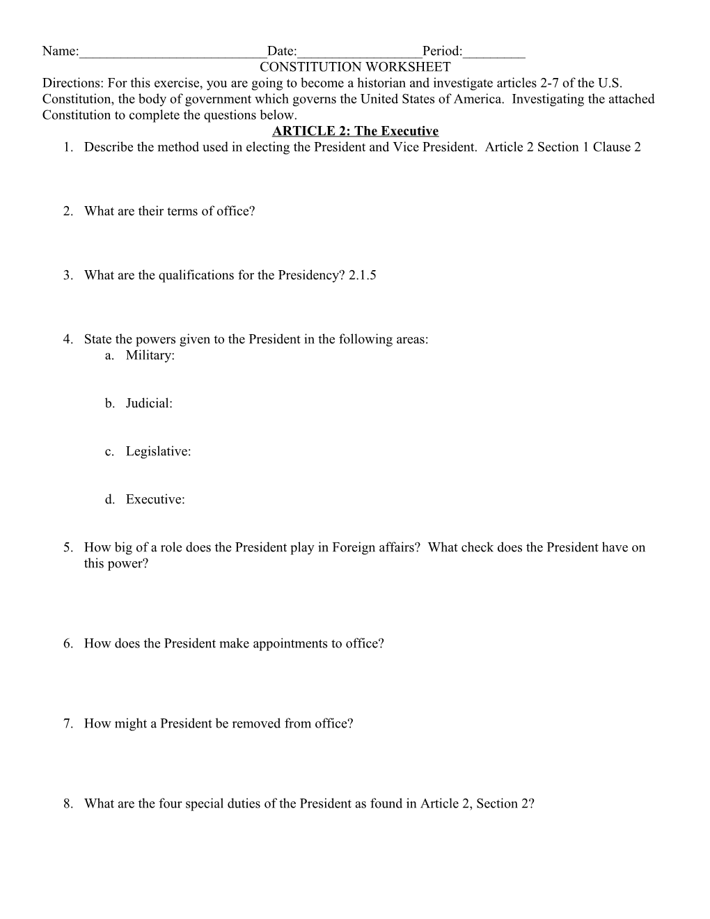 Constitution Worksheet