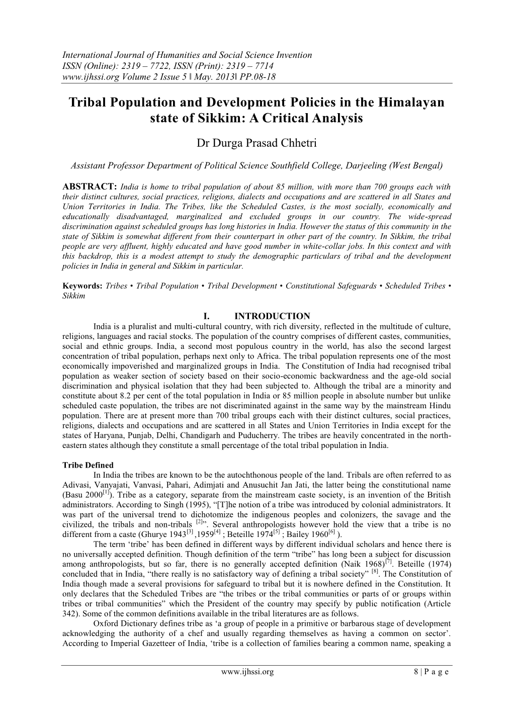 Tribal Population and Development Policies in the Himalayan State of Sikkim: a Critical Analysis Dr Durga Prasad Chhetri