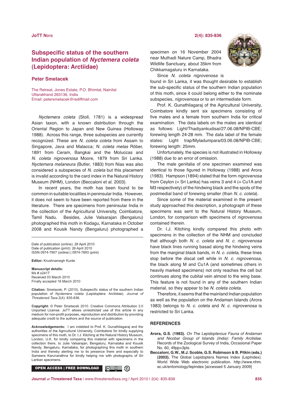 Subspecific Status of the Southern Indian Population of Nyctemera Coleta