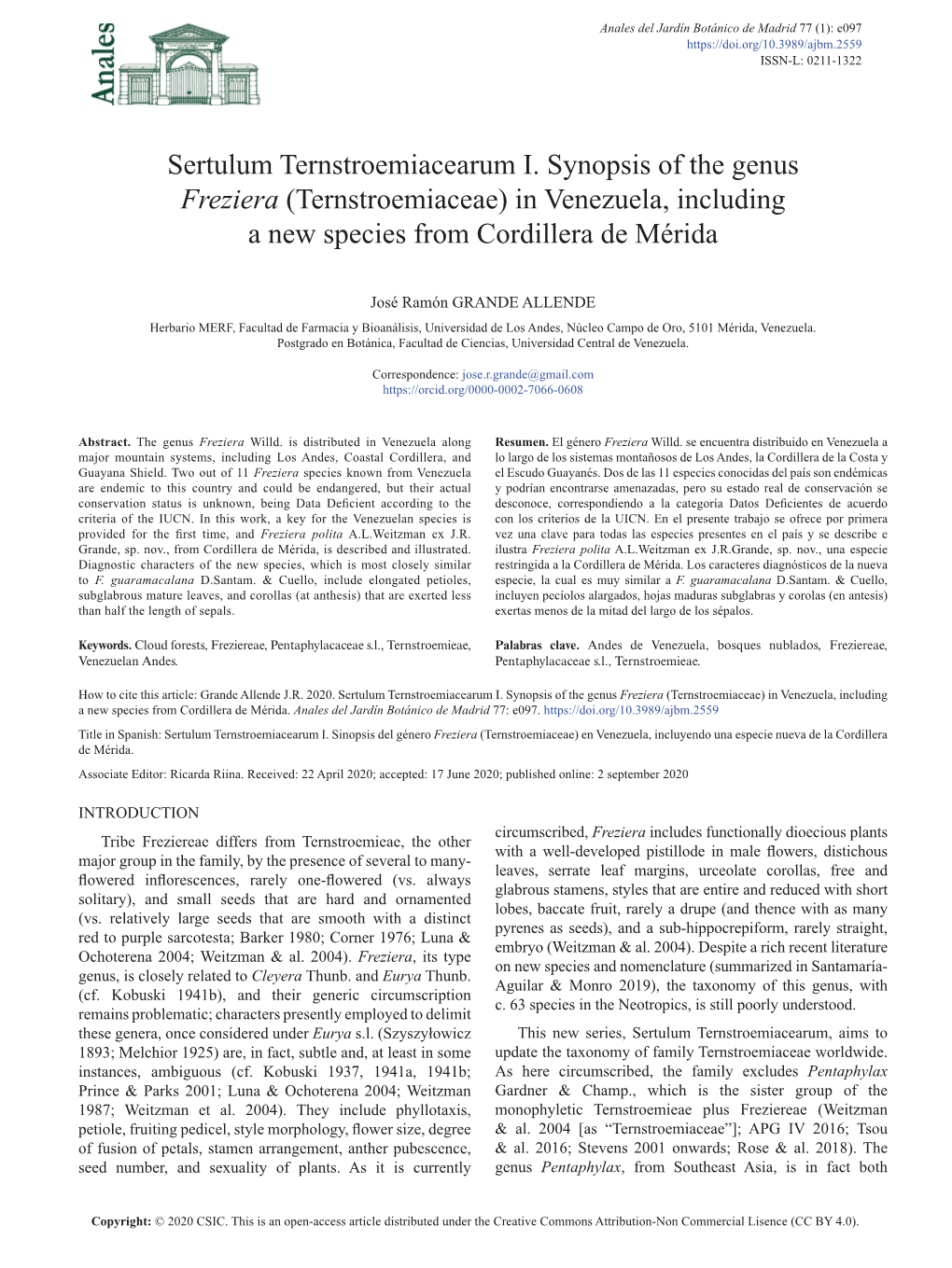 Sertulum Ternstroemiacearum I. Synopsis of the Genus Freziera (Ternstroemiaceae) in Venezuela, Including a New Species from Cordillera De Mérida