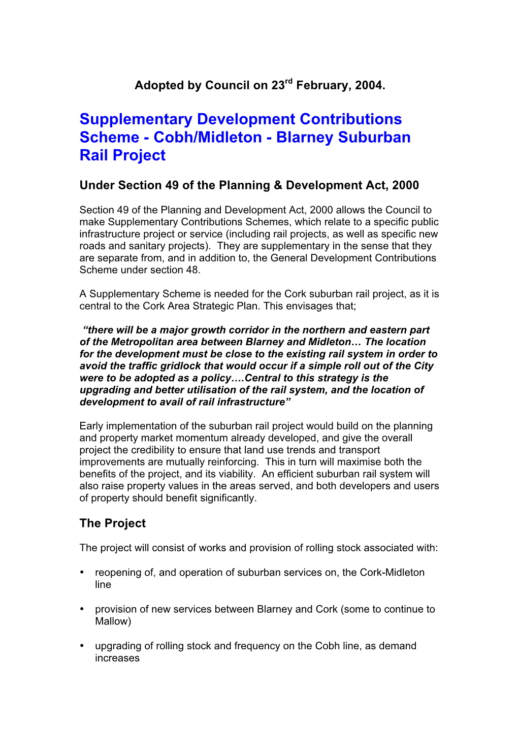 Supplementary Development Contributions Scheme - Cobh/Midleton - Blarney Suburban Rail Project