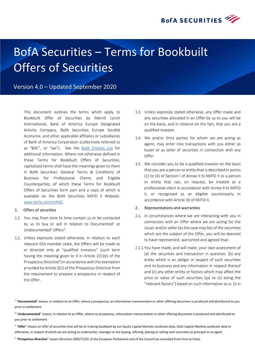 Bofa Securities – Terms for Bookbuilt Offers of Securities