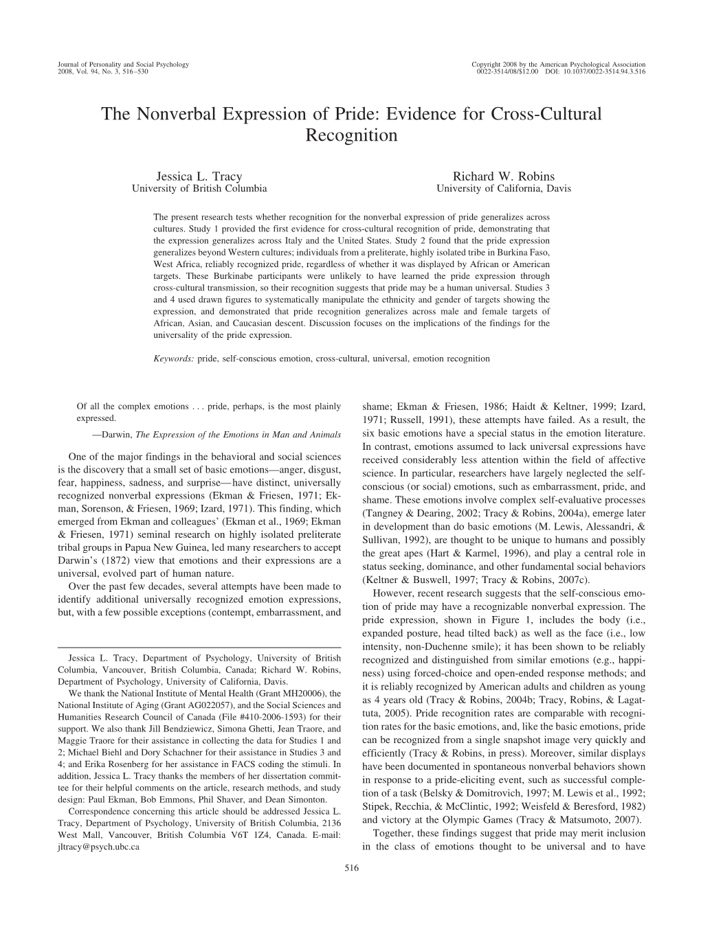 The Nonverbal Expression of Pride: Evidence for Cross-Cultural Recognition