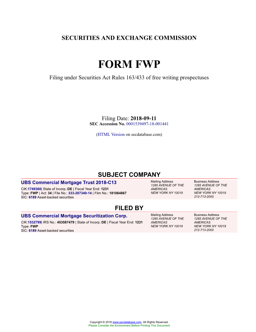 UBS Commercial Mortgage Trust 2018-C13 Form FWP Filed 2018