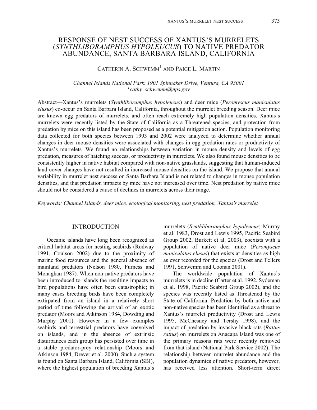 Response of Nest Success of Xantus's Murrelets (Synthliboramphus