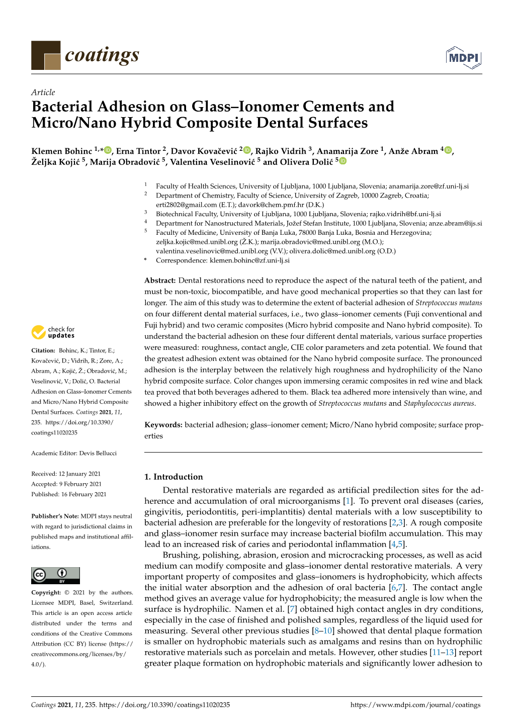 Bacterial Adhesion on Glass–Ionomer Cements and Micro/Nano Hybrid Composite Dental Surfaces