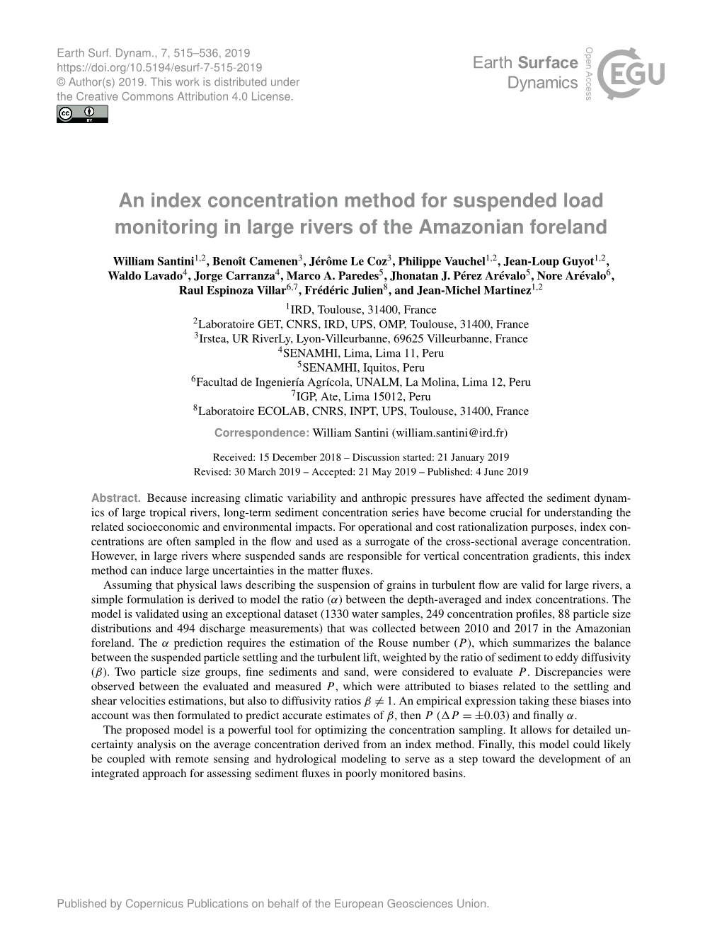 An Index Concentration Method for Suspended Load Monitoring in Large Rivers of the Amazonian Foreland