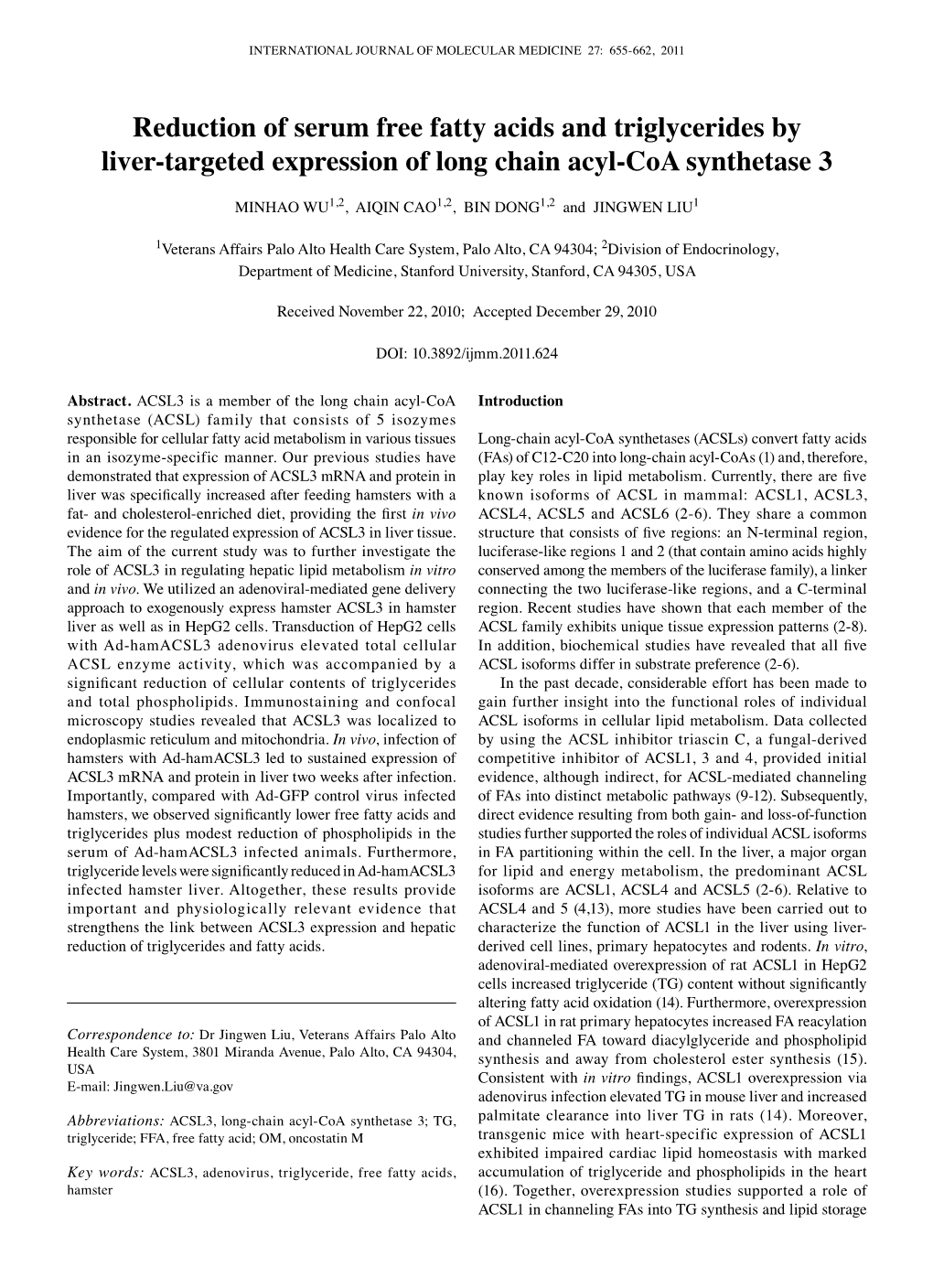 Reduction of Serum Free Fatty Acids and Triglycerides by Liver-Targeted Expression of Long Chain Acyl-Coa Synthetase 3