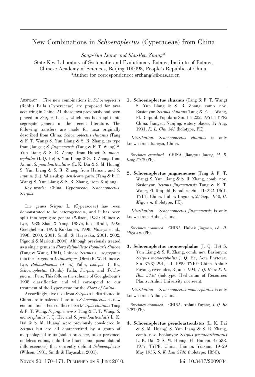 New Combinations in Schoenoplectus (Cyperaceae) from China