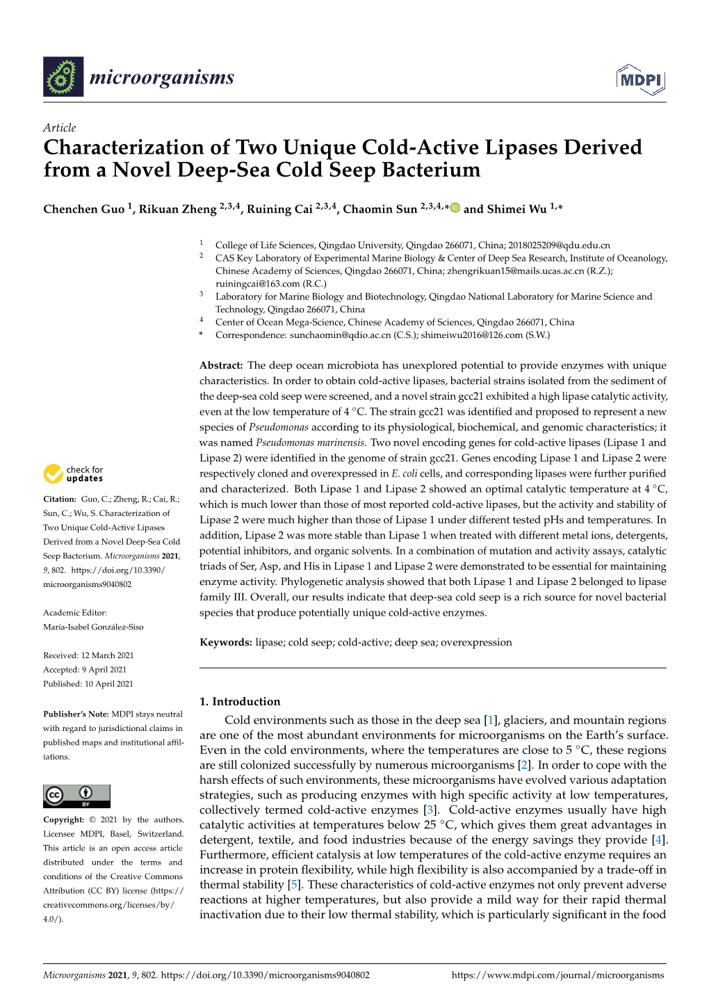 Characterization of Two Unique Cold-Active Lipases Derived from a Novel Deep-Sea Cold Seep Bacterium