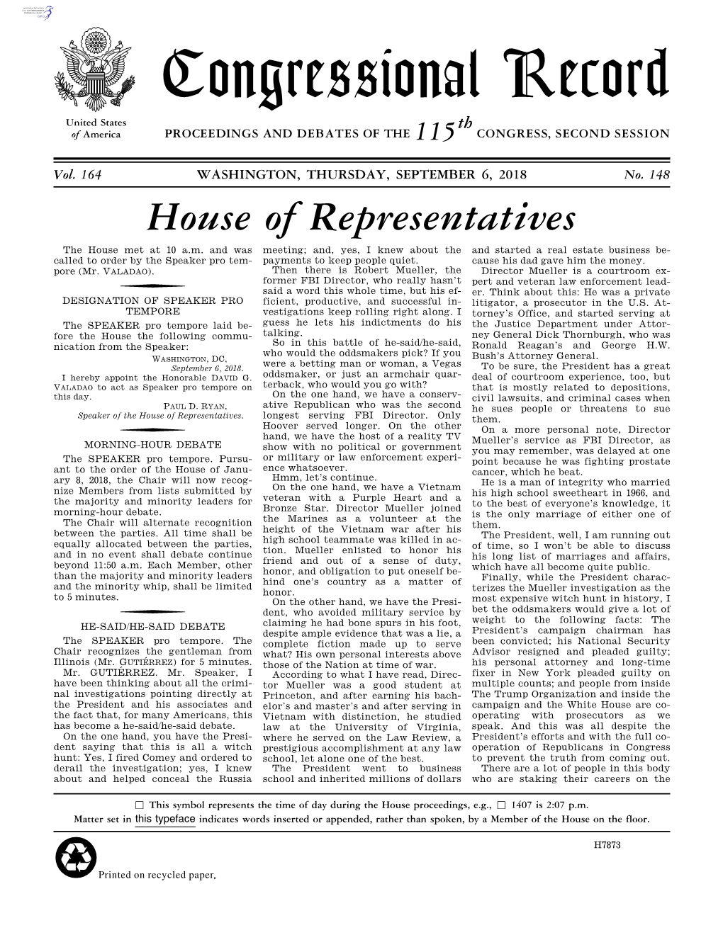 Congressional Record United States Th of America PROCEEDINGS and DEBATES of the 115 CONGRESS, SECOND SESSION