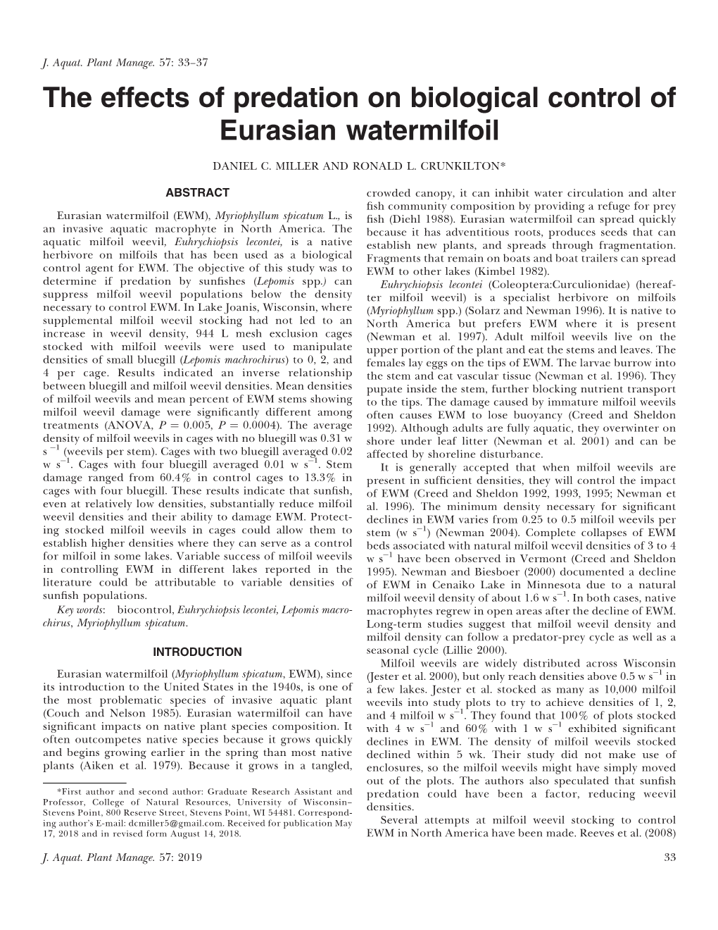 The Effects of Predation on Biological Control of Eurasian Watermilfoil