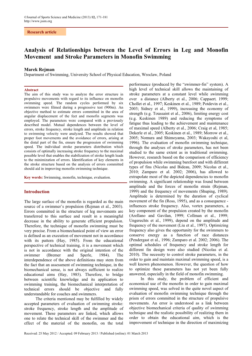 Analysis of Relationships Between the Level of Errors in Leg and Monofin Movement and Stroke Parameters in Monofin Swimming