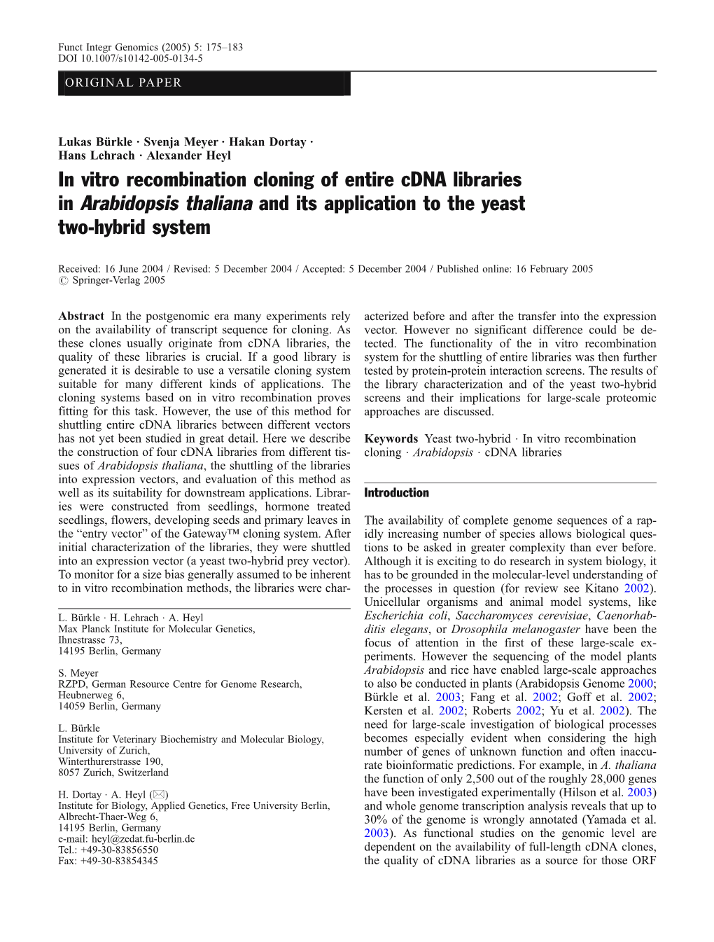 In Vitro Recombination Cloning of Entire Cdna Libraries in Arabidopsis Thaliana and Its Application to the Yeast Two-Hybrid System