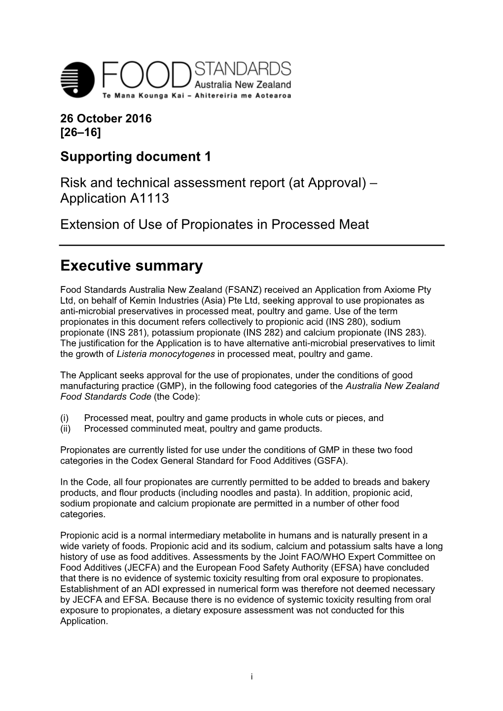 Application A1113 Extension of Use of Propionates in Processed Meat