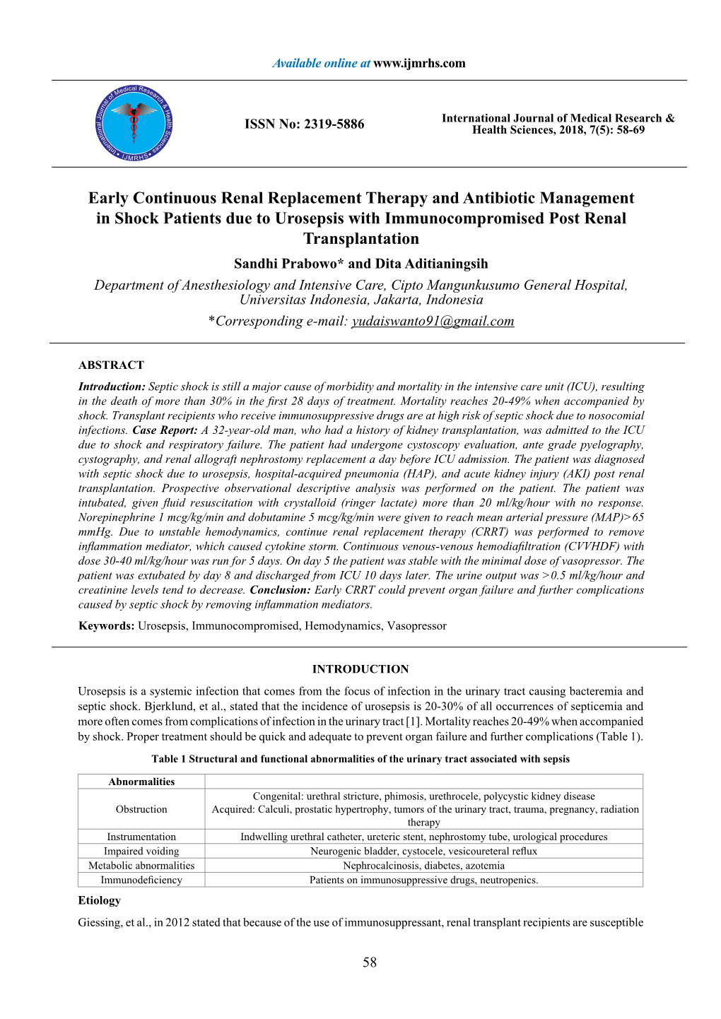 Early Continuous Renal Replacement Therapy and Antibiotic