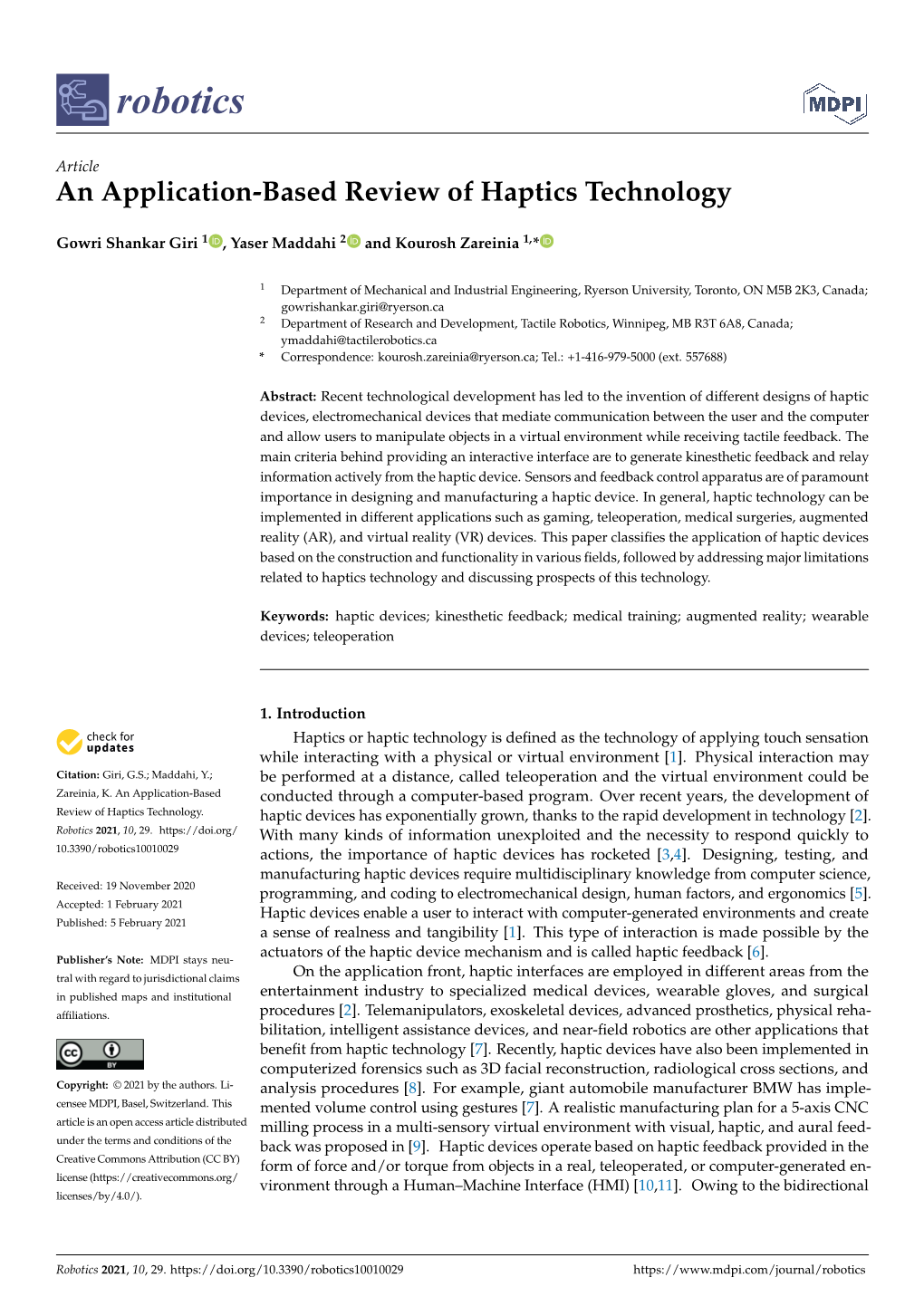 An Application-Based Review of Haptics Technology