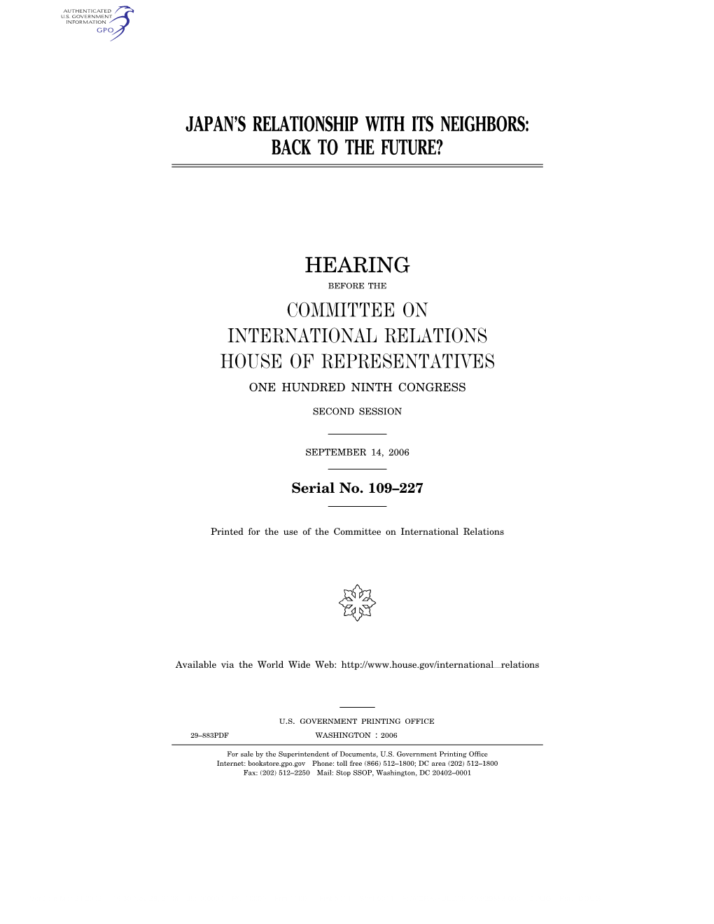 Japan's Relationship with Its Neighbors: Back to the Future? Hearing