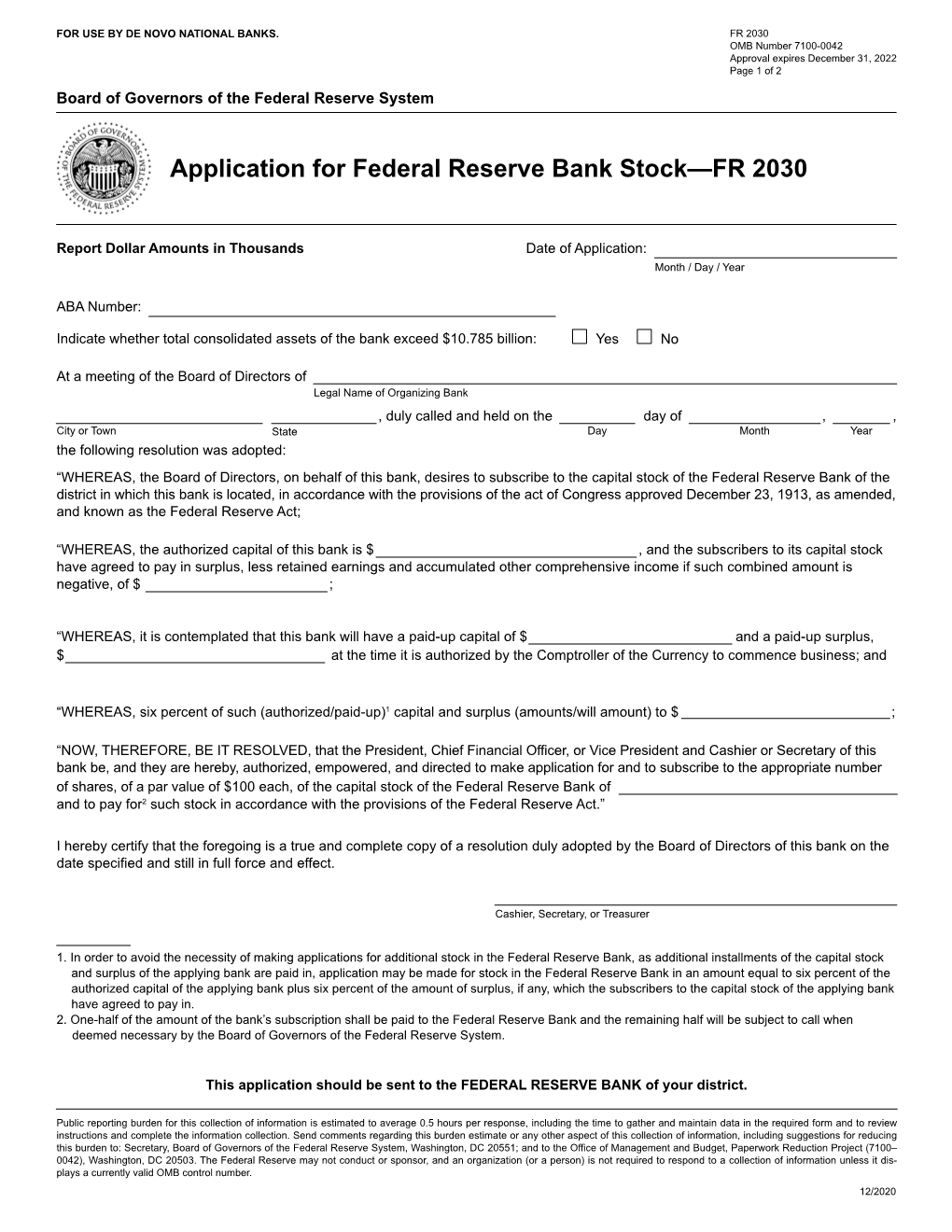 Application for Federal Reserve Bank Stock—FR 2030
