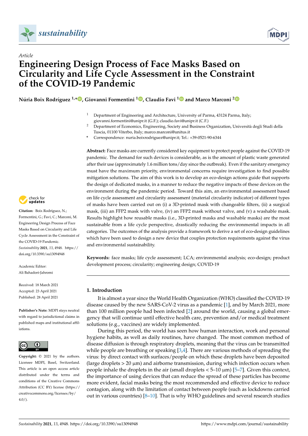 Engineering Design Process of Face Masks Based on Circularity and Life Cycle Assessment in the Constraint of the COVID-19 Pandemic