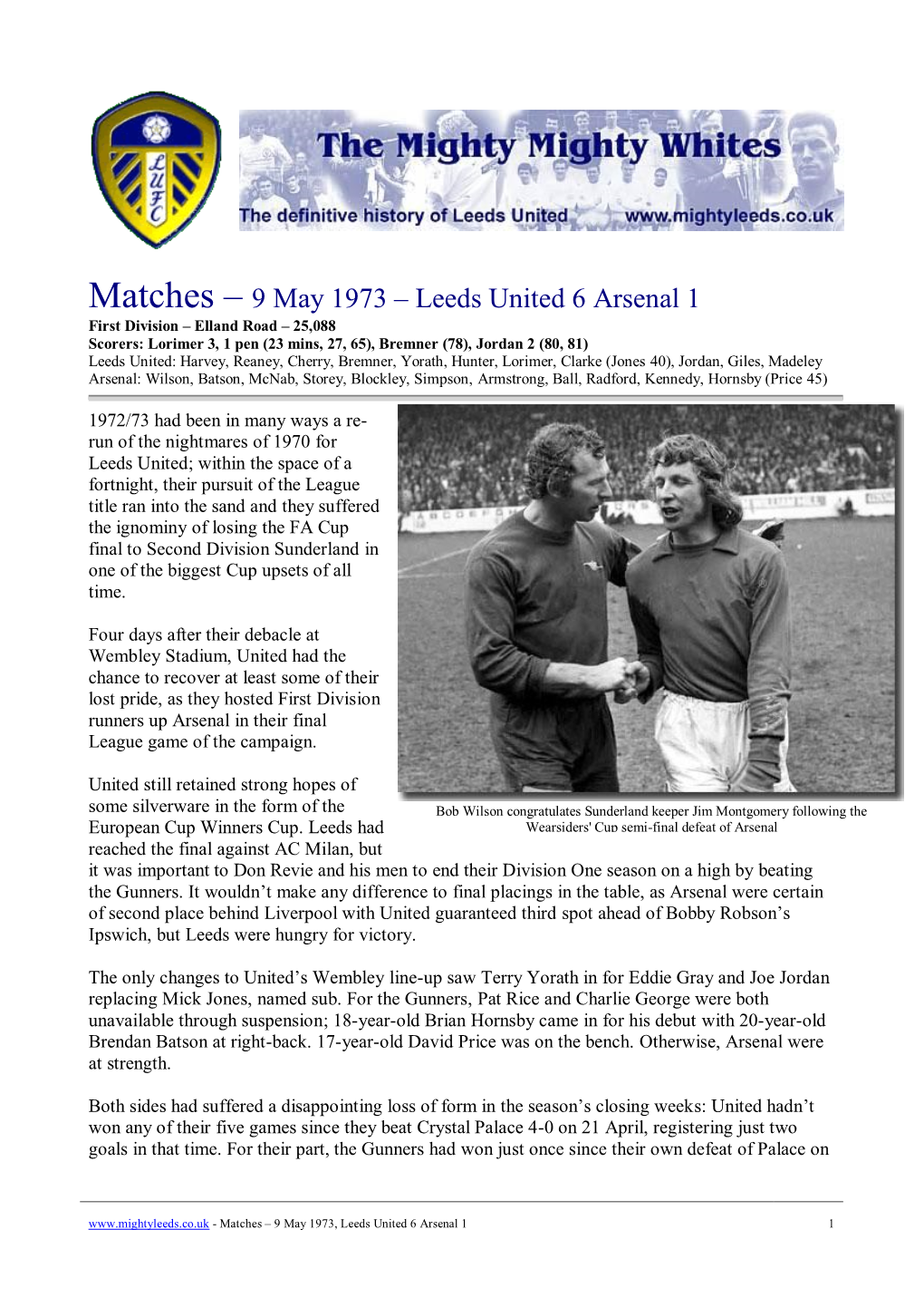 Matches – 9 May 1973 – Leeds United 6 Arsenal 1