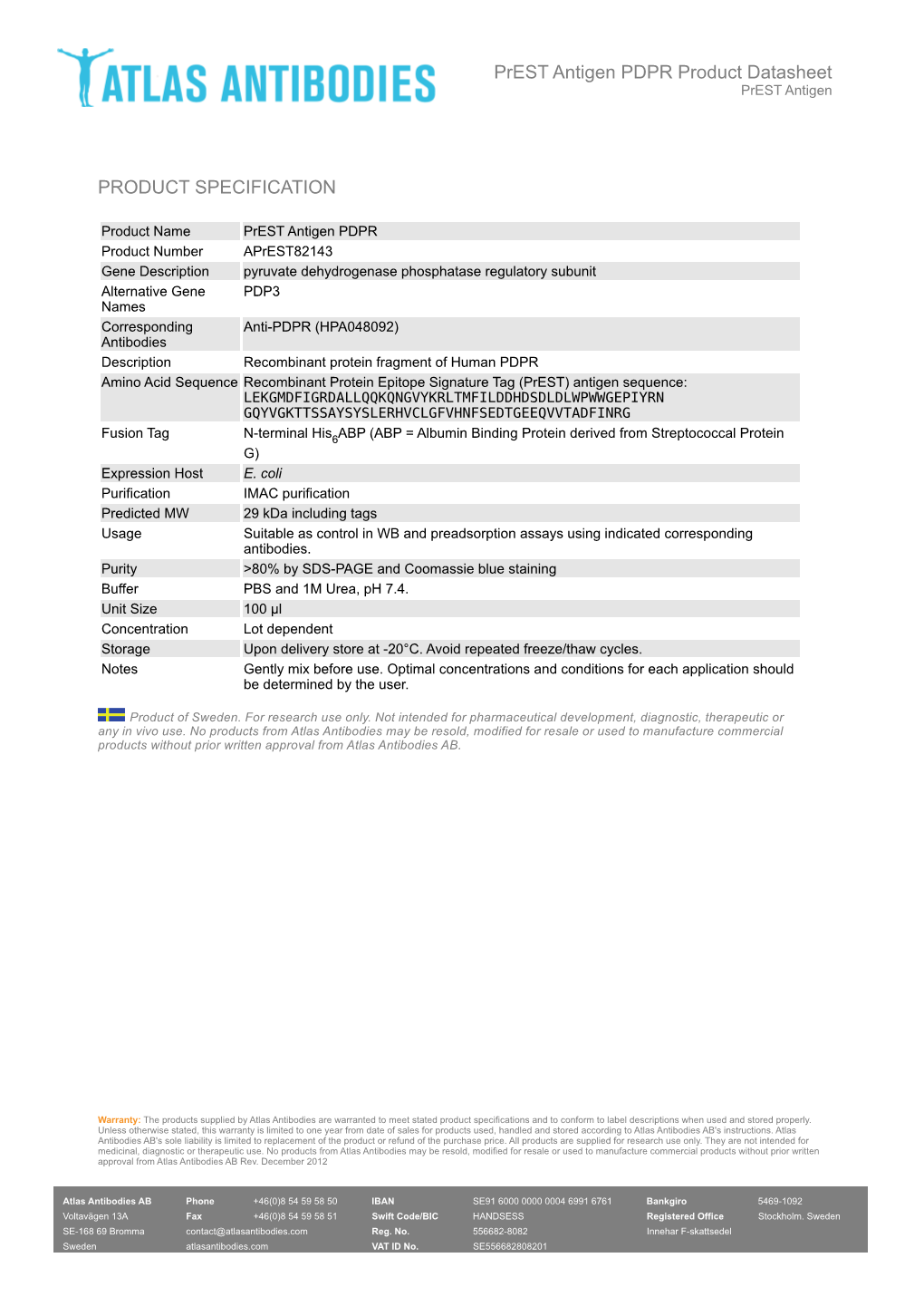 PRODUCT SPECIFICATION Prest Antigen PDPR Product Datasheet