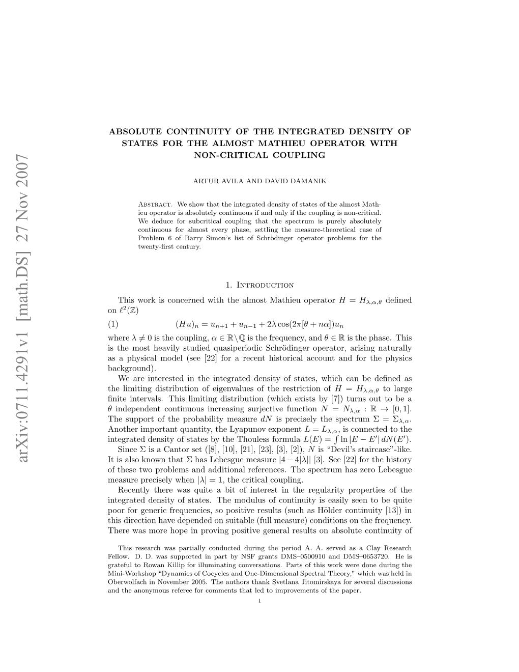 Absolute Continuity of the Integrated Density of States for the Almost