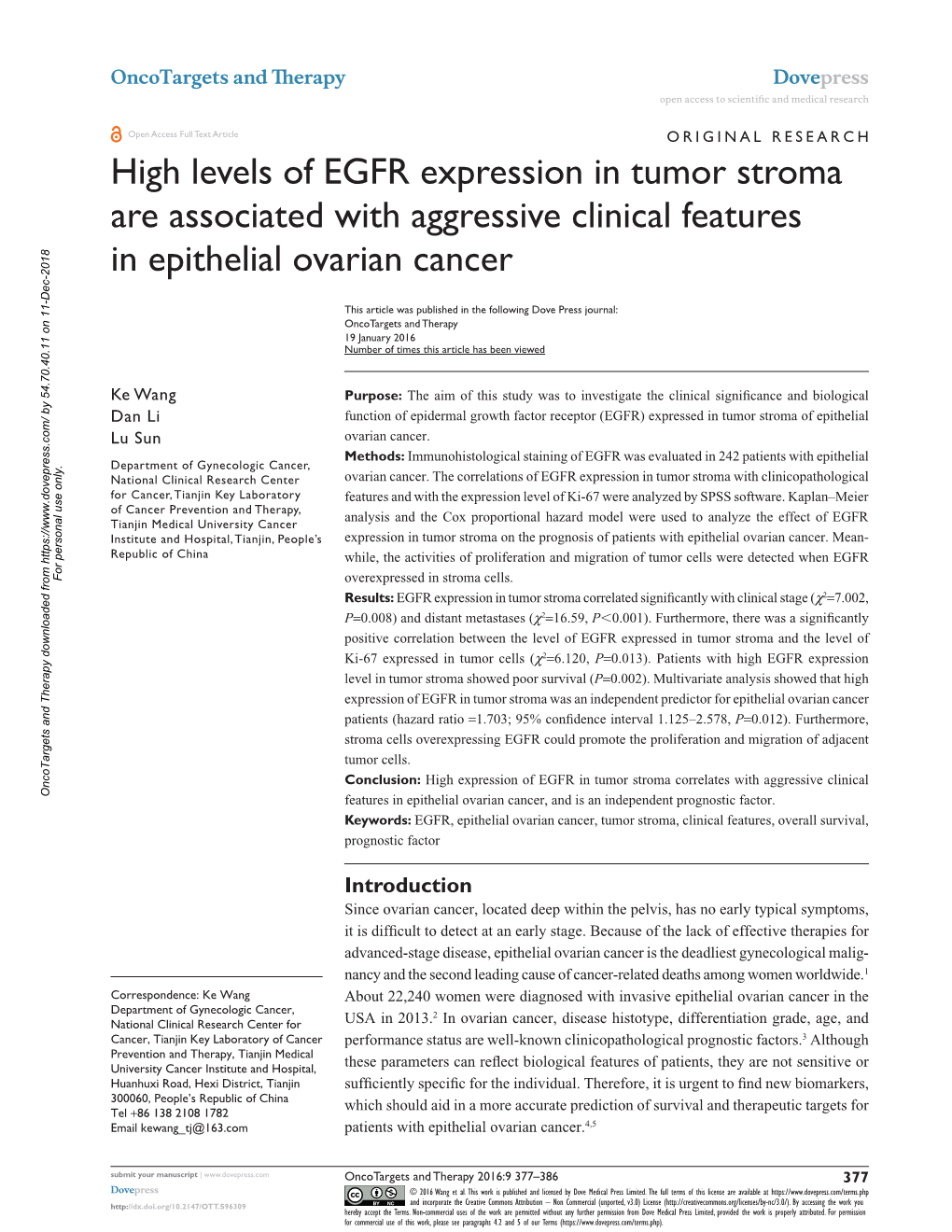 High Levels of EGFR Expression in Tumor Stroma Are Associated with Aggressive Clinical Features in Epithelial Ovarian Cancer