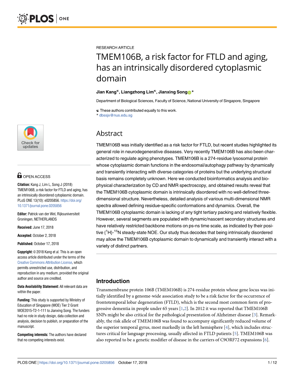 TMEM106B, a Risk Factor for FTLD and Aging, Has an Intrinsically Disordered Cytoplasmic Domain